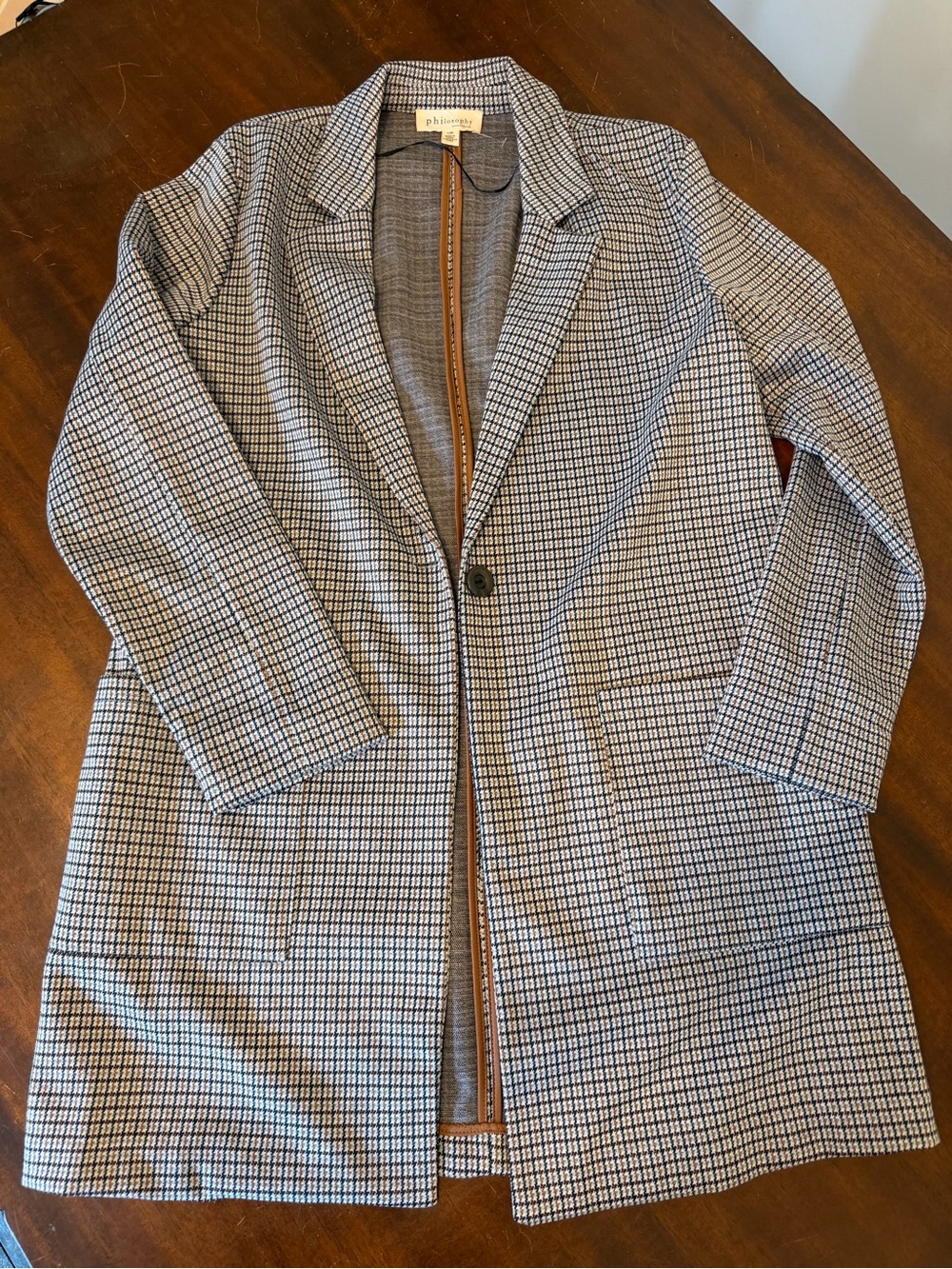 Philosophy Brown, Gray and White Houndstooth Trim jacket